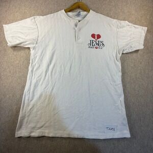 Vintage Belton I Love Jesus Henley Shirt Mens Large White Herringbone USA Made